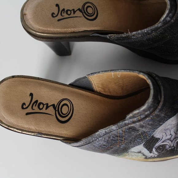 ICON Los Angeles Leather shoes slip on heels mules sz 9.5 cute dog PUG art Jeon - Picture 9 of 16